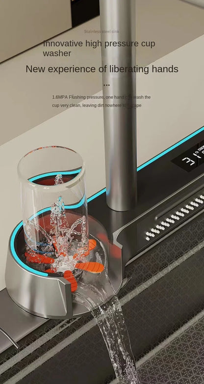 Digitalanzeige, Wasserfall, Einzelschlitz, Nano-Spüle aus Edelstahl 304, Geschirrspülen, Küche, multifunktionales Gemüsewaschbecken