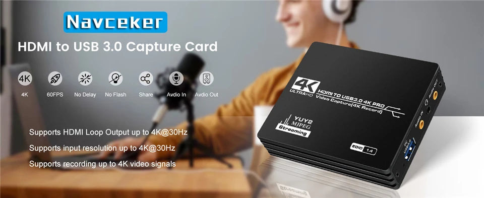 Navceker 4K Pro USB 3.0 Video Capture Card HDMI-compatible 1080P 60fps HD Video Recorder Grabber For OBS Capturing Game Live.