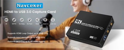 Navceker 4K Pro USB 3.0 Video Capture Card HDMI-compatible 1080P 60fps HD Video Recorder Grabber For OBS Capturing Game Live.