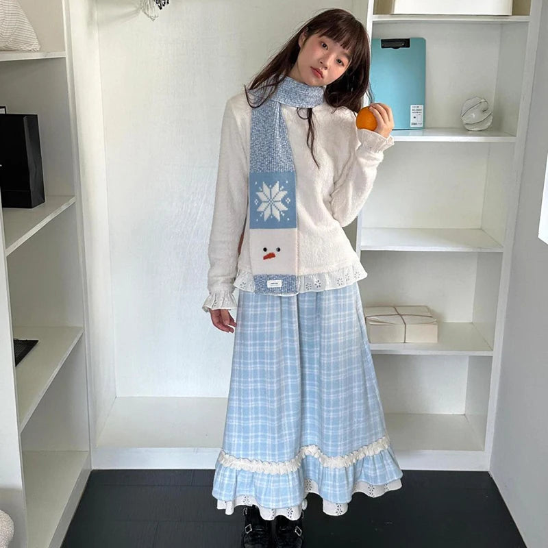 Japanese Sweet Long Skirt Women Fall Winter Blue Plaid Vintage Preppy Patchwork Skirts High Waist A Line Loose Casual Cute Skirt.