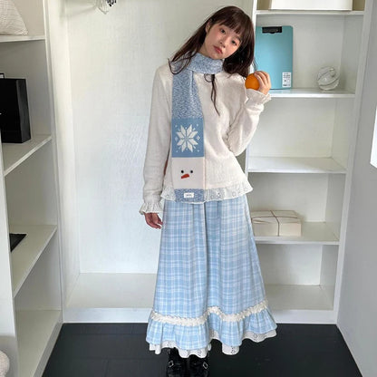 Japanese Sweet Long Skirt Women Fall Winter Blue Plaid Vintage Preppy Patchwork Skirts High Waist A Line Loose Casual Cute Skirt.
