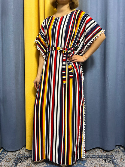 Abayas For Women 2024 Printed Vertical Stripe Tassels Elasticity Loose Fit Femme Robe African Woman Dresses With Belt Headscarf