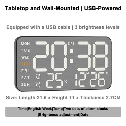 Wanduhr mit Spiegel-Bürsten-Finish, Premium-Gefühl, geräuschlos, Wanduhr, Tischwecker, Temperaturanzeige, Schlafzimmer, Büro, Wohnzimmer, Dekoration