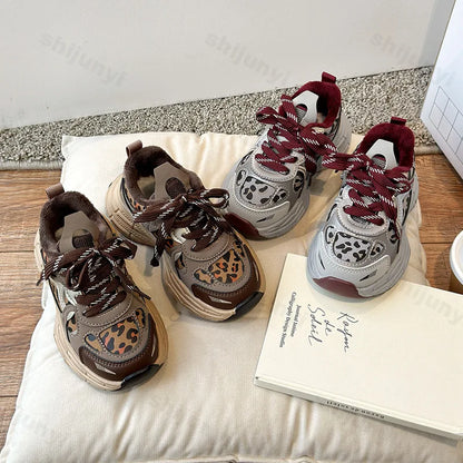 Children's Sneakers Autumn Winter Boys Sport Shoes Girls Plush Warm Casual Cotton Shoes Studnet Leopard Print Anti Slip Sneakers.