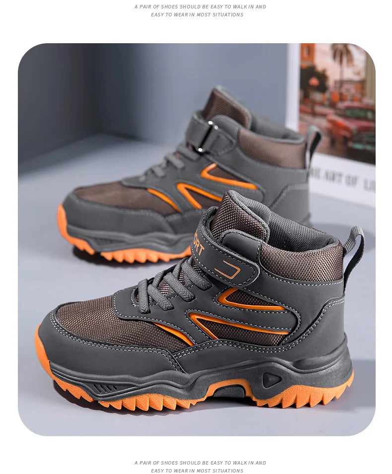 New Boys' Sports Shoes Non-slip School Children's Leather Breathable Running Black Fashion Hiking Shoes Sneaker Size 29-40.