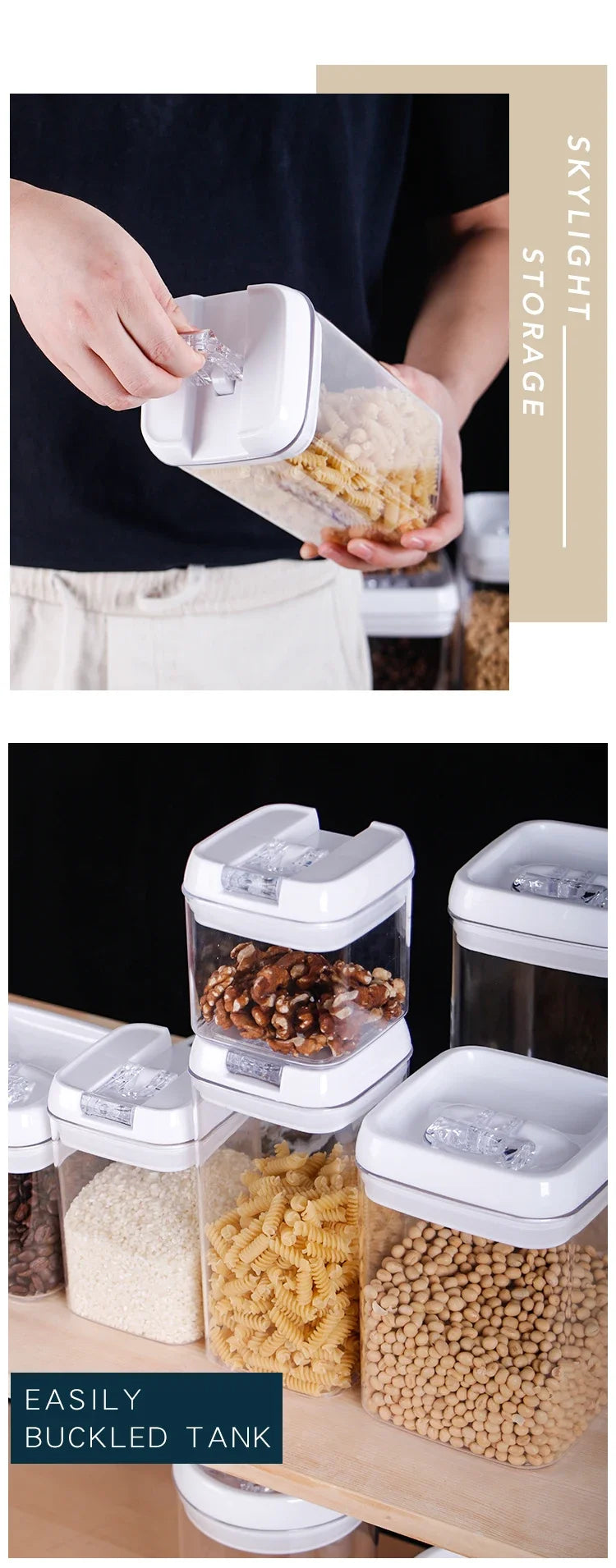 Air-Tight Food Storage Container for Cereals Easy Lock Sealed Jar Plastic Transparent Milk Powder Grains Candy Kitchen Organizer.