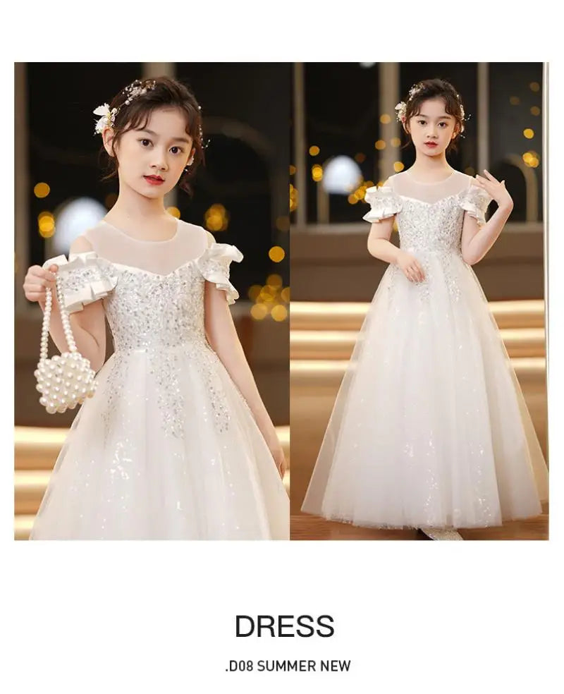 Neue Jugend Mädchen Prinzessin Mesh Kleid Hochzeit Blumen mädchen Kleid Schul wettbewerb Klavier lange Leistung Kleid für 3-12 Jahre.