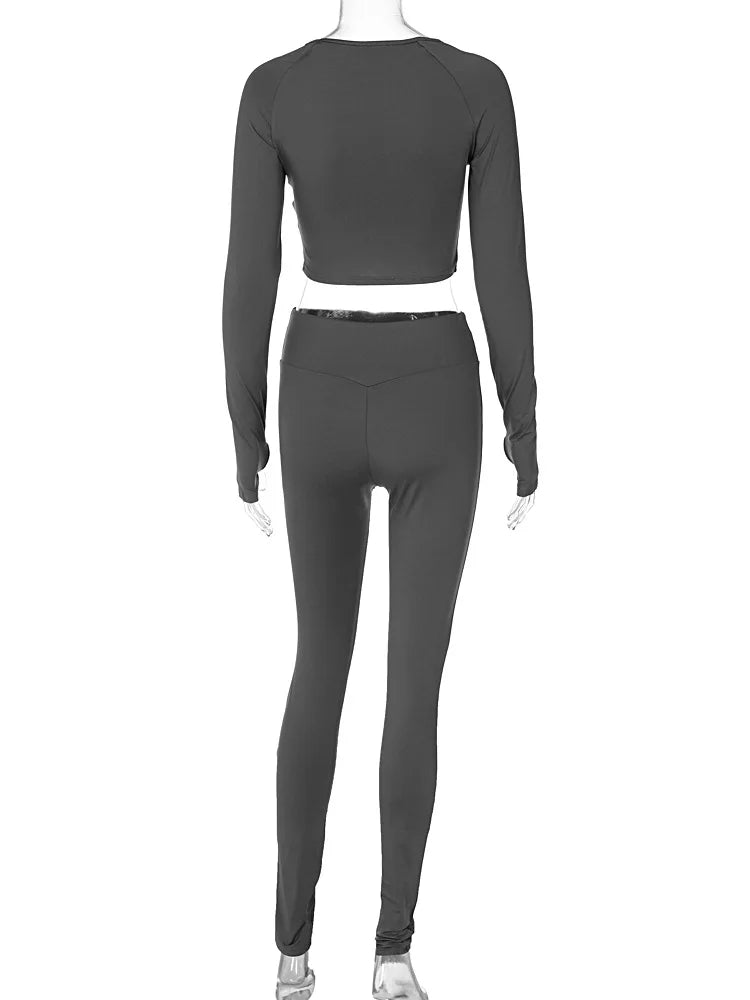 Hugcitar Pure Color Long Sleeve Crop T-Shirt Legging 2 Piece Matching Sets 2024 Spring Women Fashion Streetwear Sports Tracksuit.