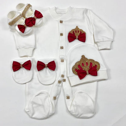Dollbling Newborn Set Baby's Sets Rhinestone Crown 0-3 Months Hat+Bodysuits+Gloves+Shoes 4 Parts Boy Girl Jumpsuit Clothing