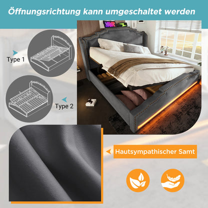 KOMHTOM Doppelbett Samt, Hydraulischer Stauraum, LED-Beleuchtung, USB-C-Ladeanschluss, ohne Matratze