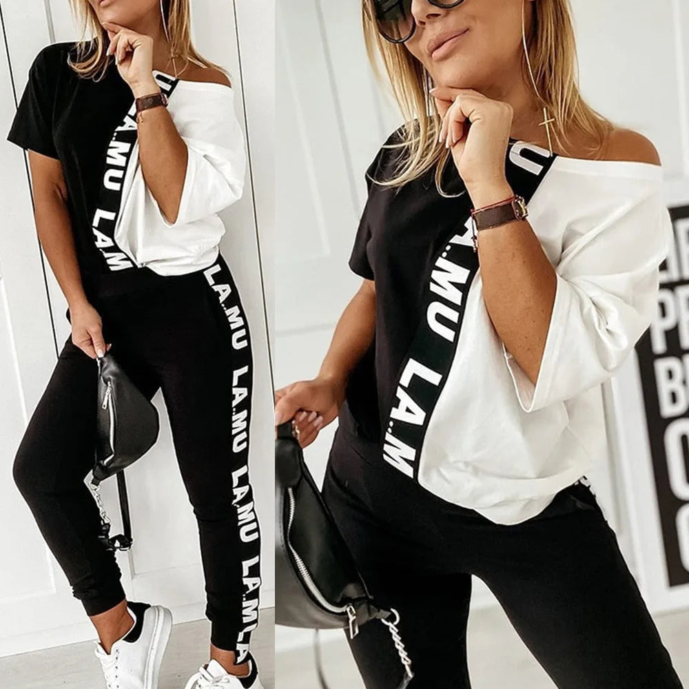2023 Women's Spring Summer Sportswear Two-piece Set With Patchwork Letters Short Sleeved Long Pants Casual Women's Two-piece Set.