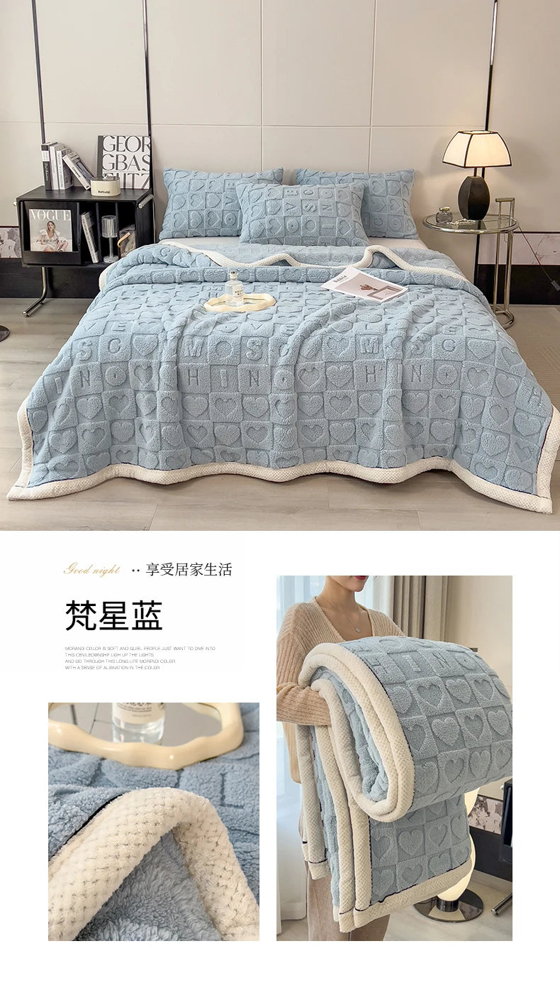 Heart Pattern Coral Fleece Blanket Autumn Winter Double Layer Thicken Warm Plush Blanket for Bed Fluffy Soft Sofa Throw Blankets
