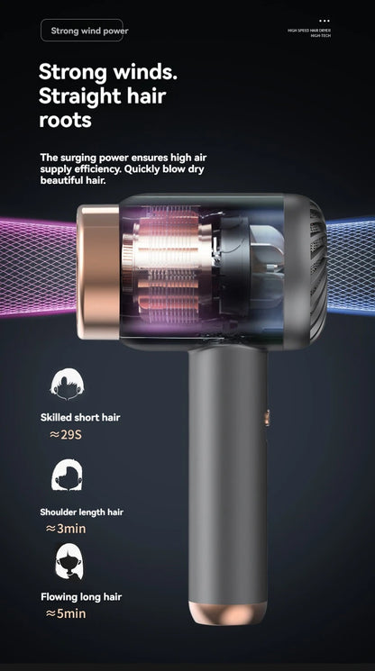 Wireless charging hair dryer for household use, high-speed negative ion hair dryer, high-power bladeless hair care, quick drying.