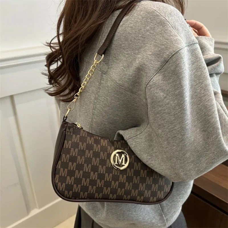 Vintage Style Handbag Crossbody Bag, Gold Letter 'M' Design Pu Leather Shoulder Messenger Bag, Synthetic Leather Tote Bag, Purse.