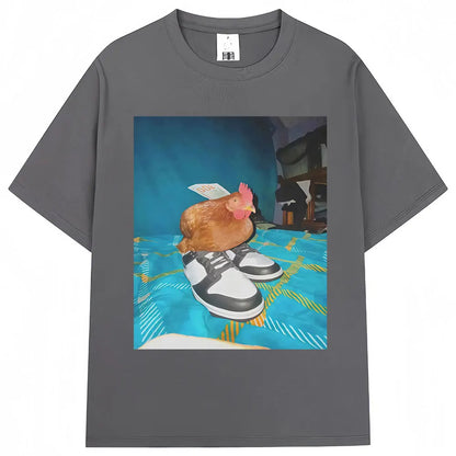 Funny Dripped Out Chicken Meme Print T-shirts Humor Chicken with Shoes Men Women T Shirt Creativity Popular Loose Cotton T-shirt.