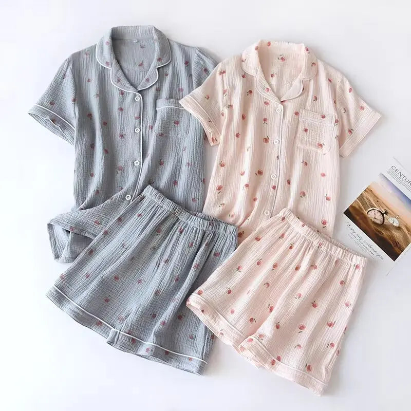 2025 sommer Damen Kurzarm Shorts Pyjamas Set 100 % Baumwolle Krepp Tuch Dünne Hause Service Zwei-stück Frühling und Herbst Lose