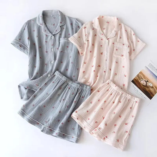 2025 sommer Damen Kurzarm Shorts Pyjamas Set 100 % Baumwolle Krepp Tuch Dünne Hause Service Zwei-stück Frühling und Herbst Lose