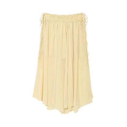 YENKYE New Fashion Side Drawstring High Waist Elegant Yellow Skirt Women Holiday Summer Loose Chiffon Midi Skirts faldas mujer.
