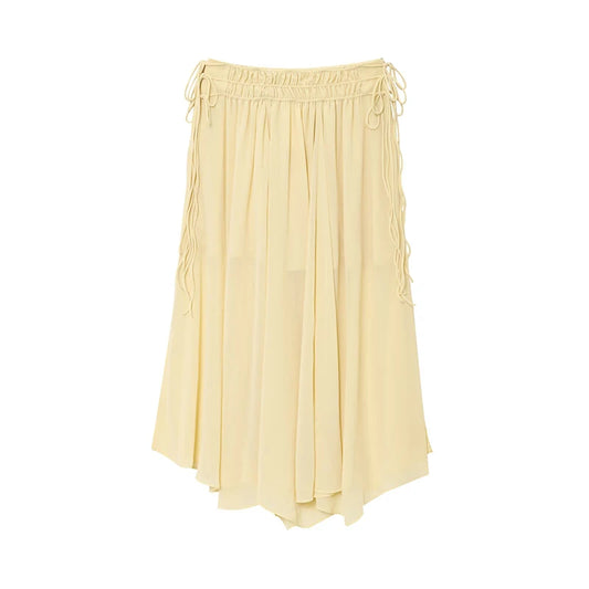 YENKYE New Fashion Side Drawstring High Waist Elegant Yellow Skirt Women Holiday Summer Loose Chiffon Midi Skirts faldas mujer.