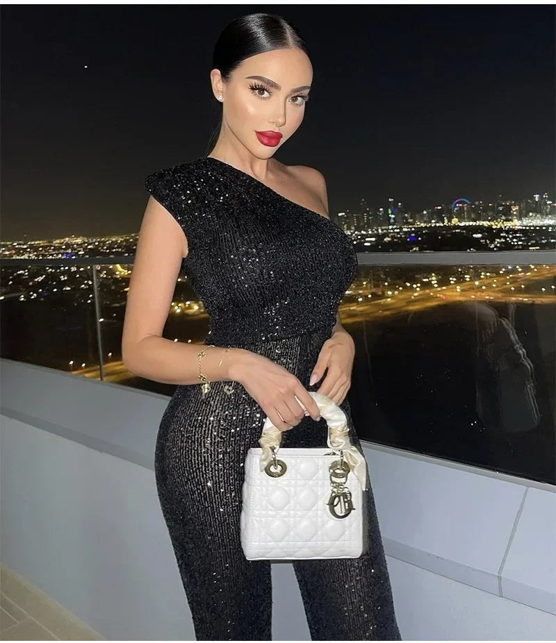 Women Elegant Long Jumpsuits Sexy Glitter Sequin Club Ladies Playsuits Slanted Collar Party Fashion Backless Solid Romper 2024.