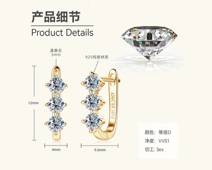 2024 Trend 3 Stones Moissanite Stud Earrings for Women 18K White Gold Plated S925 Sterling Silver Earring with GRA Certificate