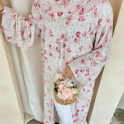 Muslim Abaya Set Luxury EID Islamic Kimono Muslim Women Dress Floral Printed Chiffon Modest Gorgeous Dubai Abaya Dress Suit.