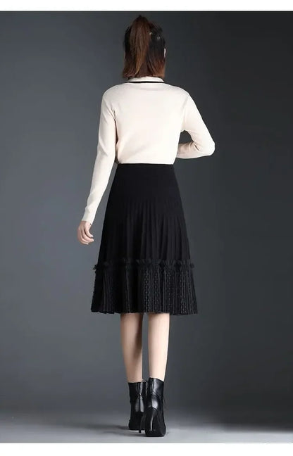 Korean Fashion Autumn Winter Women Solid Elastic High Waist Lace Patchwork Simplicity Mid-length A-line Pleated Knitted Skirt.