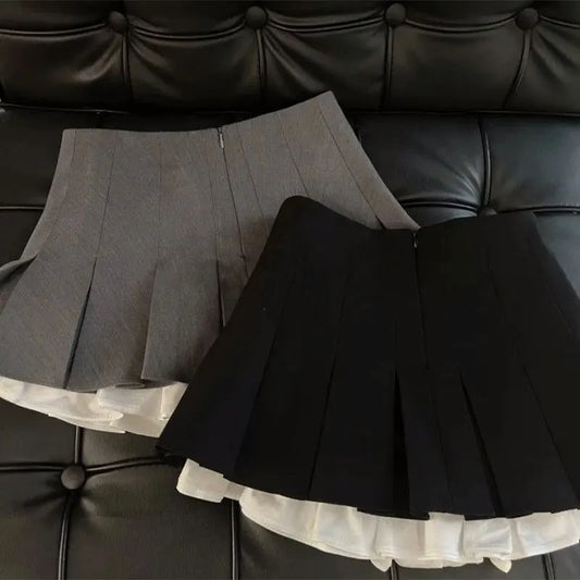 Mooyufon Ruffles Black Mini Skirt Women Korean Patchwork Pleated Skirts Japanese Kawaii High Waist All Match A Line Skirt New.