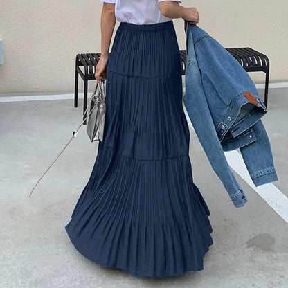 2025 ZANZEA Oversized Summer Maxi Skirts Women Elastic Waist Pleated Long Skirt Casual Solid Color High Waist Ruffled Skirts.