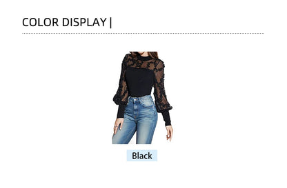 Sommer 2025, langärmlige Damen-Mesh-Bluse mit Spitzenbesatz, Rundhalsausschnitt, vielseitiges, dünnes Modell-Bottom-Shirt