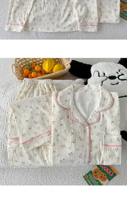 Sweet Little Floral Pajamas Women's Spring and Autumn Long Sleeves New High-Value Niche Pajamas Loungewear Wrinkle Cloth Set.
