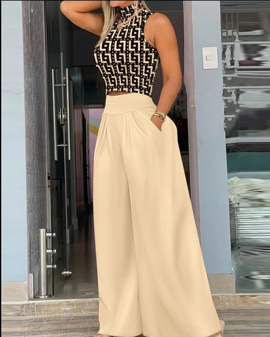 Summer Print Two Piece Set Women Fashion Casual Solid Sleeveless Tank Top Wide Leg Pants Two Piece Set Female Elegant Suit.