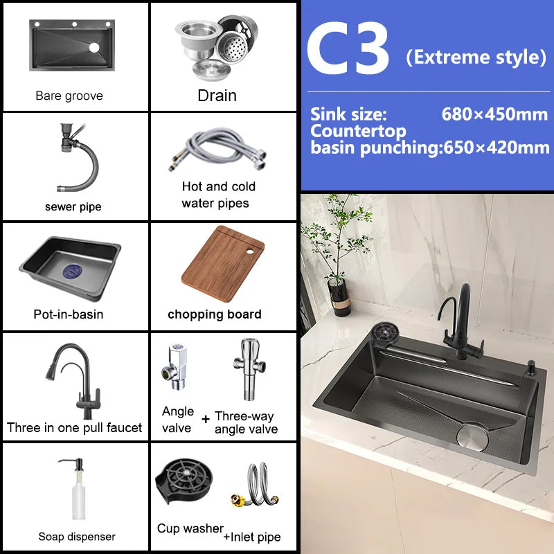 Stainless Steel Kitchen Sink Embossed Large Single-Slot With Kitchen Faucet Multifunctional Washbasin for Apartment