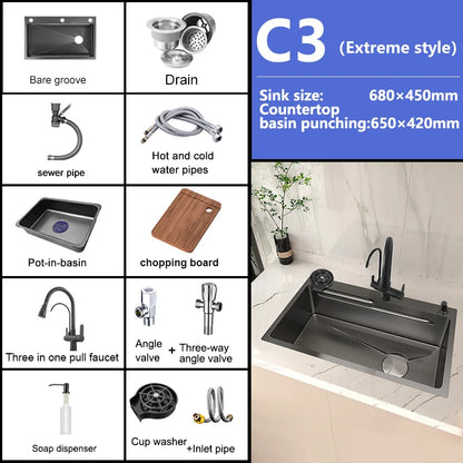 Stainless Steel Kitchen Sink Embossed Large Single-Slot With Kitchen Faucet Multifunctional Washbasin for Apartment