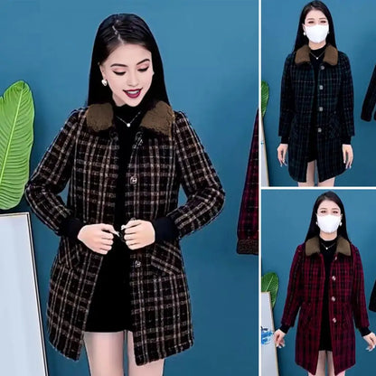 Frauen Plaid Mantel Karierten Winter Mutter Jacke Taschen drehen-unten Kragen einreiher Mid Länge Mantel Mid-aged frauen Mantel