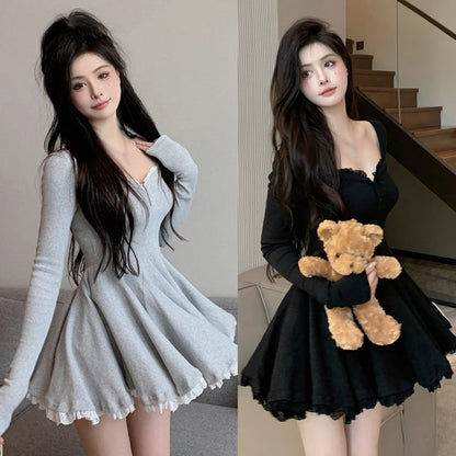 Sexy koreanisches Kleid im französischen Stil, Taille geschlossen, lange Ärmel, Schlüsselbein, freigelegt, süß.