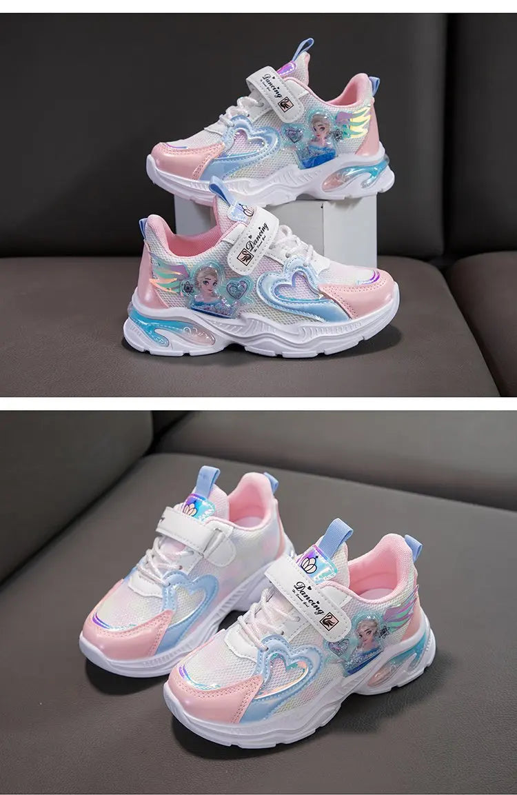 Disney Girls' Casual Shoes Frozen Priness Elsa Sneakers Mesh Leather White Breathable Sole Children's Sport Shoes Size 26-37.