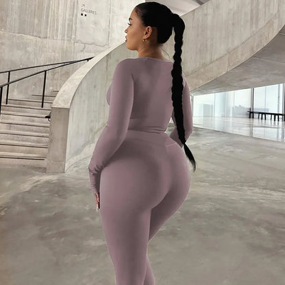 Hugcitar Pure Color Long Sleeve Crop T-Shirt Legging 2 Piece Matching Sets 2024 Spring Women Fashion Streetwear Sports Tracksuit