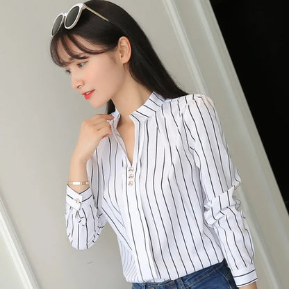Stripe Women Blouse Fashion Standing Collar Women's Shirt Long Sleeved Shirts and Blouses Printing Ladies Tops Basic Womens Tops.