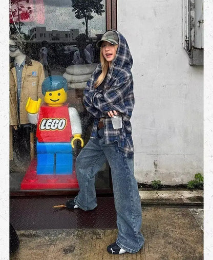 HOUZHOU Vintage Plaid Shirts Women Harajuku Long Sleeve American Style Drawstring Hooded Blouses Loose Casual Streetwear Spring.