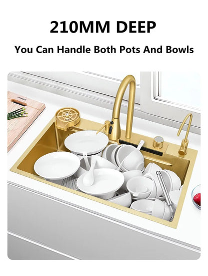 Wasserfall-Küchenspüle, Einzelschüssel, Küchenspülen, goldfarbenes Barspülbecken aus Edelstahl 304, mit Pull-Wasserhahn, Nano-Waschbecken für zu Hause ﻿
