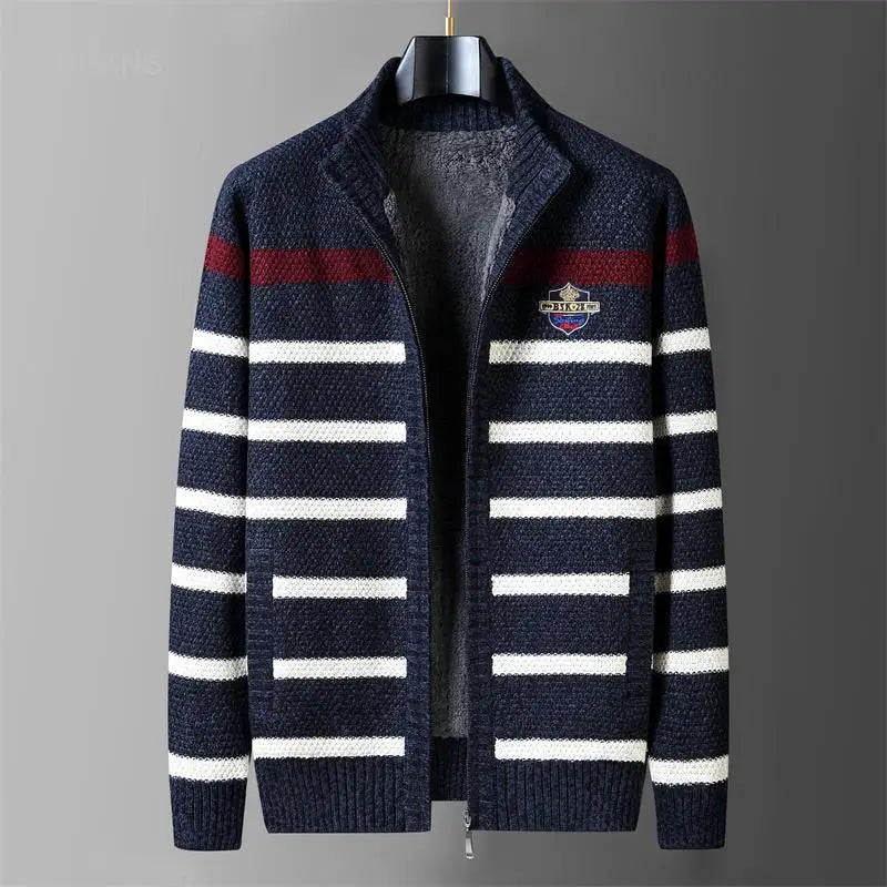 Winter Wool Liner Sweater  Cardigan Man Knit Striped Stand Collar Jacket Outwear Knitted Sweatercoat Men Vintage Clothing.