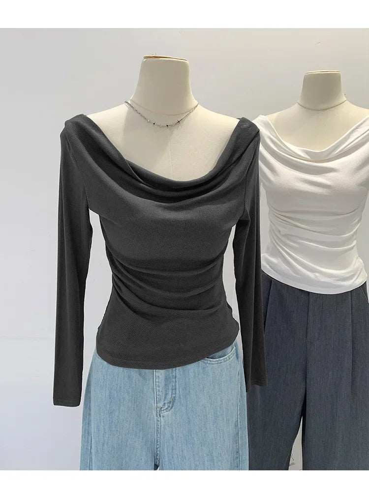 Off-The-Shoulder Long Sleeve T-Shirt Women's Early Autumn New Slimming Design Korean Style Sweet And Spicy Fashion Tops