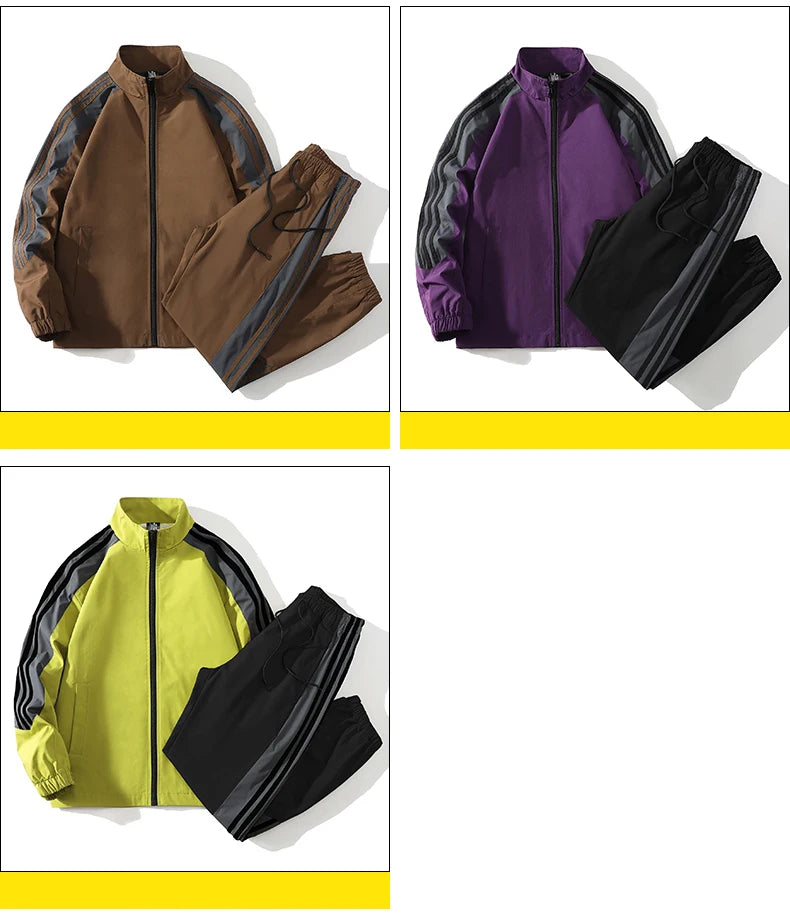 Sports suit men's  spring and autumn striped stand up collar jacket and pants paired with running and fitness two-piece set.