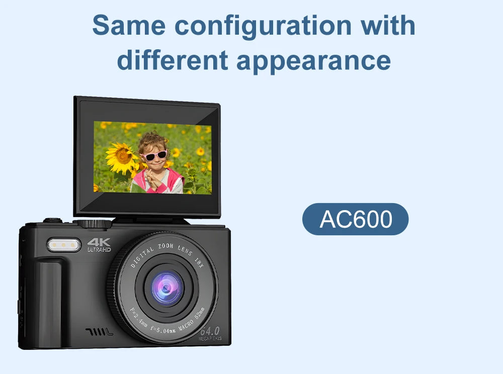 Ourlife AC600 Digital Camera 4K 64MP UHD Cameras 18X Digital Zoom 180° Flip Screen Vintage Vlogging Camera for YouTube Autofocus.