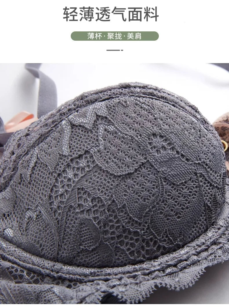 French Coquette Lace Bra Set Bow Straps Minimizer Large Bust Sheer Half Cup Balconette Push Up No Spill Underwire Sexy Lingerie.