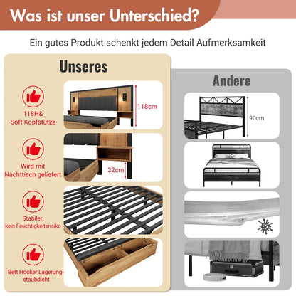 Bett mit gepolstertem Bettsystem mit Leselampe und USB-C-Nachttisch und Sitzbank mit Stauraum (ohne Matratze)