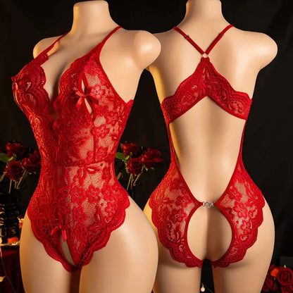 Sexy Lingerie Black Erotic Transparent Lace Underwear Open Crotch Porn Deep V Dress Clothing Sex Babydoll Bodysuit Nightdress.