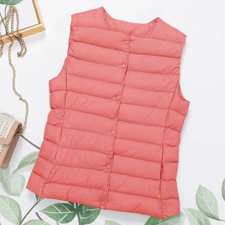 2023 Neuankömmlinge Herbst Winter warme Frauen ärmellose Daunen futter Taillen mantel weibliche ultraleichte weiße Enten Daunen weste Jacken.