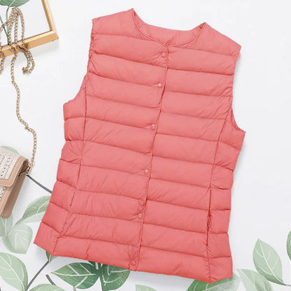 2023 Neuankömmlinge Herbst Winter warme Frauen ärmellose Daunen futter Taillen mantel weibliche ultraleichte weiße Enten Daunen weste Jacken.